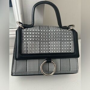 Steve Madden NYC Black and White Plaid Houndstooth Crystal Mini Top Handle Bag